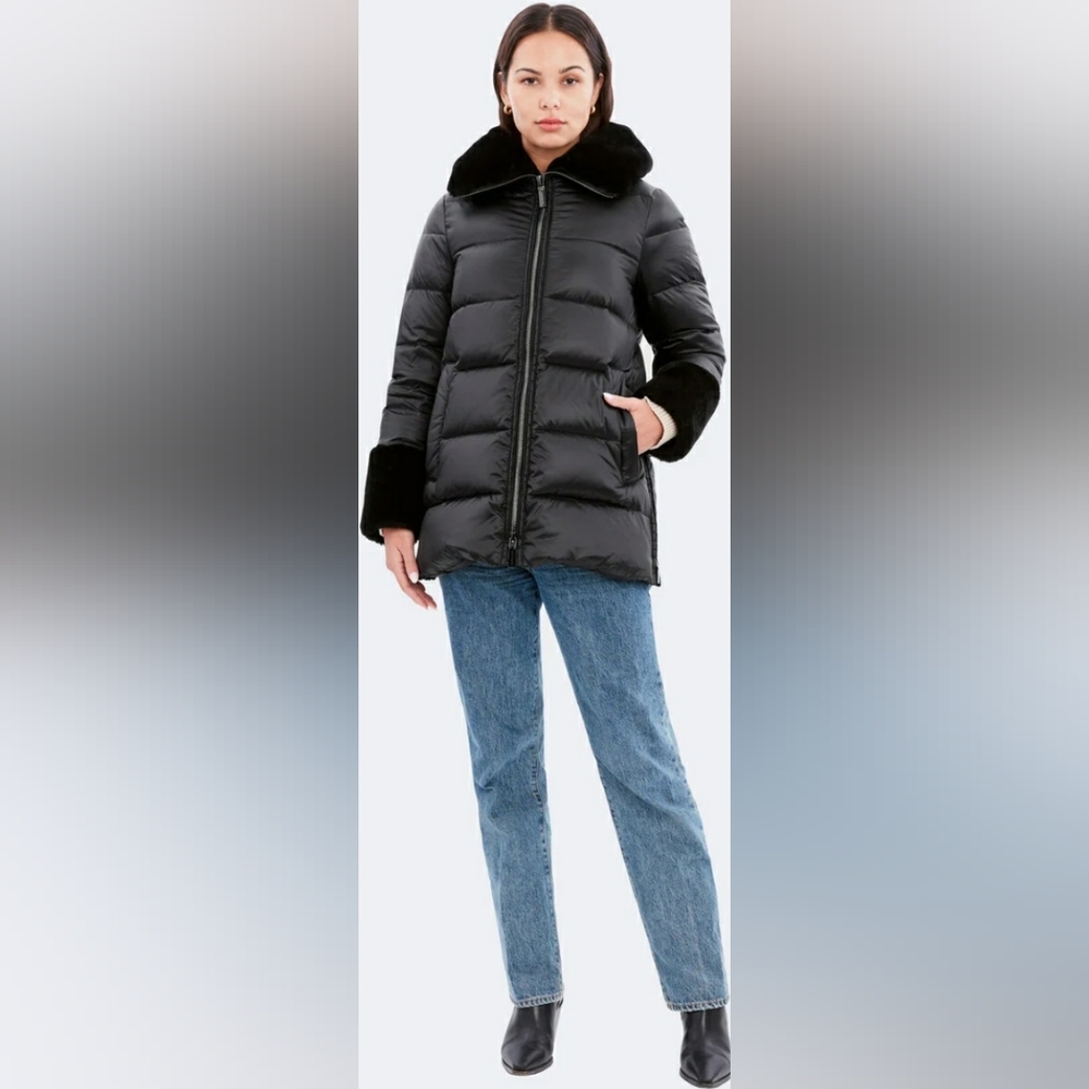 Nwt Alyssa Genuine Shearling Collar Quilted Hooded Jacket, Black